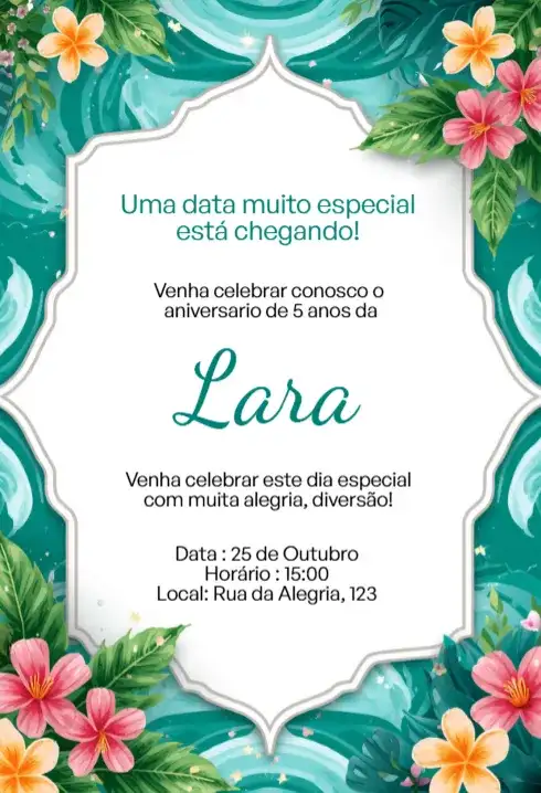 Convite Digital Floral Tropical Azul Editável