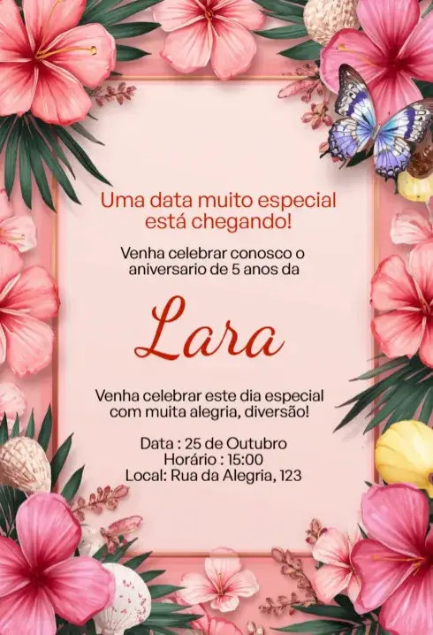 Convite Convite Digital Floral Tropical Rosa Editável – tema Aniversário Infantil floral, tropical, rosa, colorido, divertido, infantil