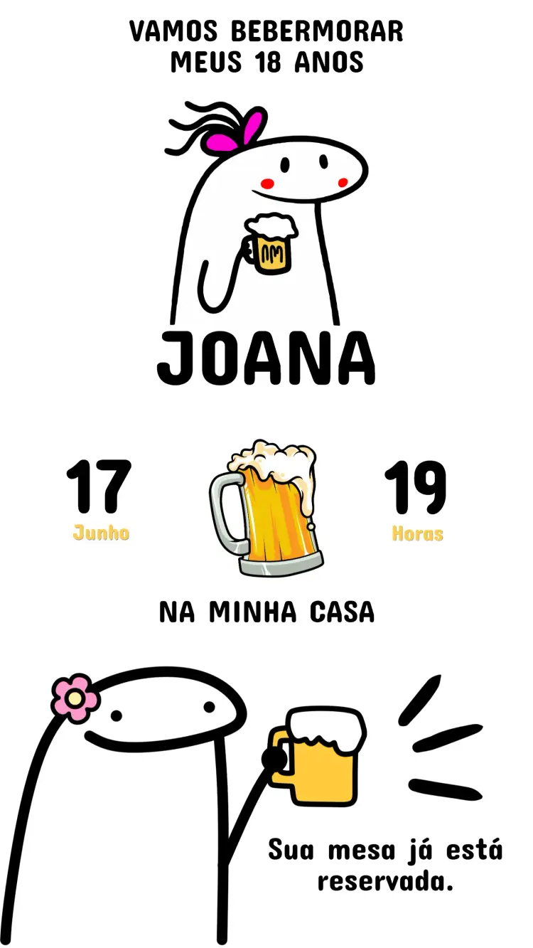 Convite Convite Digital Flork Aniversário Adulto - Editável e Personalizado – tema Aniversário divertido, colorido, moderno, jovial, ilustrações criativas, design digital