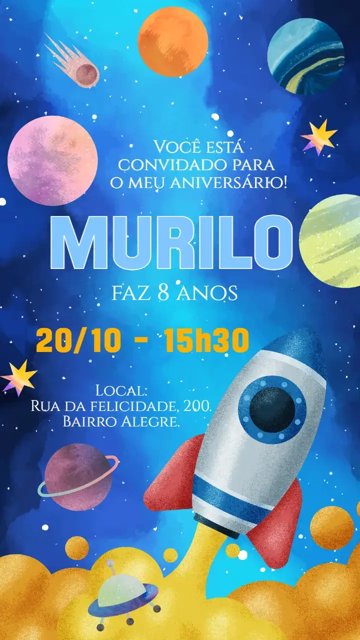 Invitación Convite digital Foguete espaço – tema Aniversário Infantil espaço, galáxia, foguete, cores vibrantes, ilustrações lúdicas, temática infantil