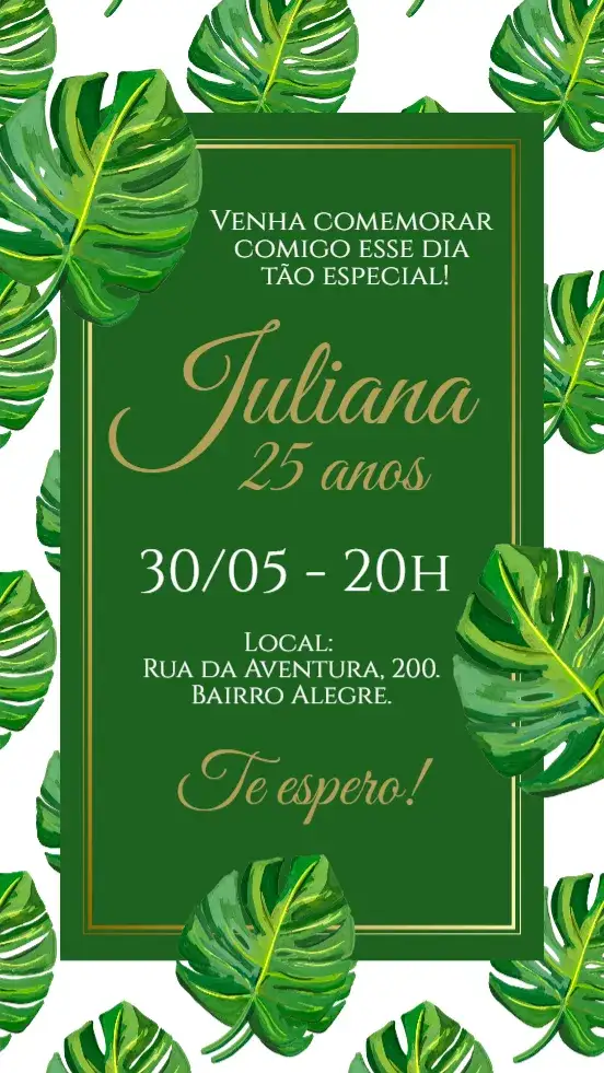 Convite Convite digital Folhas Tropical – tema Aniversário tropical, floral, moderno, colorido, elegante, descontraído