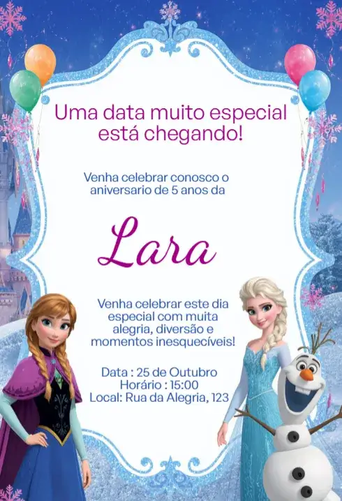 Convite Convite Digital Frozen Elsa, Anna e Olaf Editável – tema Aniversário Infantil cuidado com detalhes, cores frias, estilo lúdico, elementos gráficos do filme, atmosfera mágica, inspiração no inverno