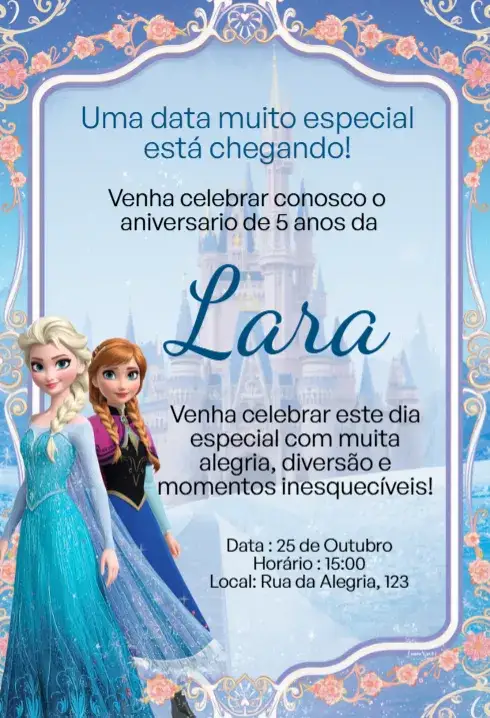Convite Convite Digital Frozen Elsa e Anna Editável – tema Aniversário Infantil azul claro, branco, elementos de gelo, ilustrações de personagens, estilo lúdico, festa mágica