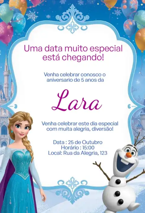 Convite Digital Frozen Elsa e Olaf Editável
