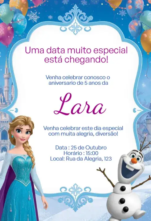 Convite Convite Digital Frozen Elsa e Olaf Editável – tema Aniversário Infantil temática Frozen, cores frias, design lúdico, elementos gráficos divertidos, inspirado no inverno, estilo colorido