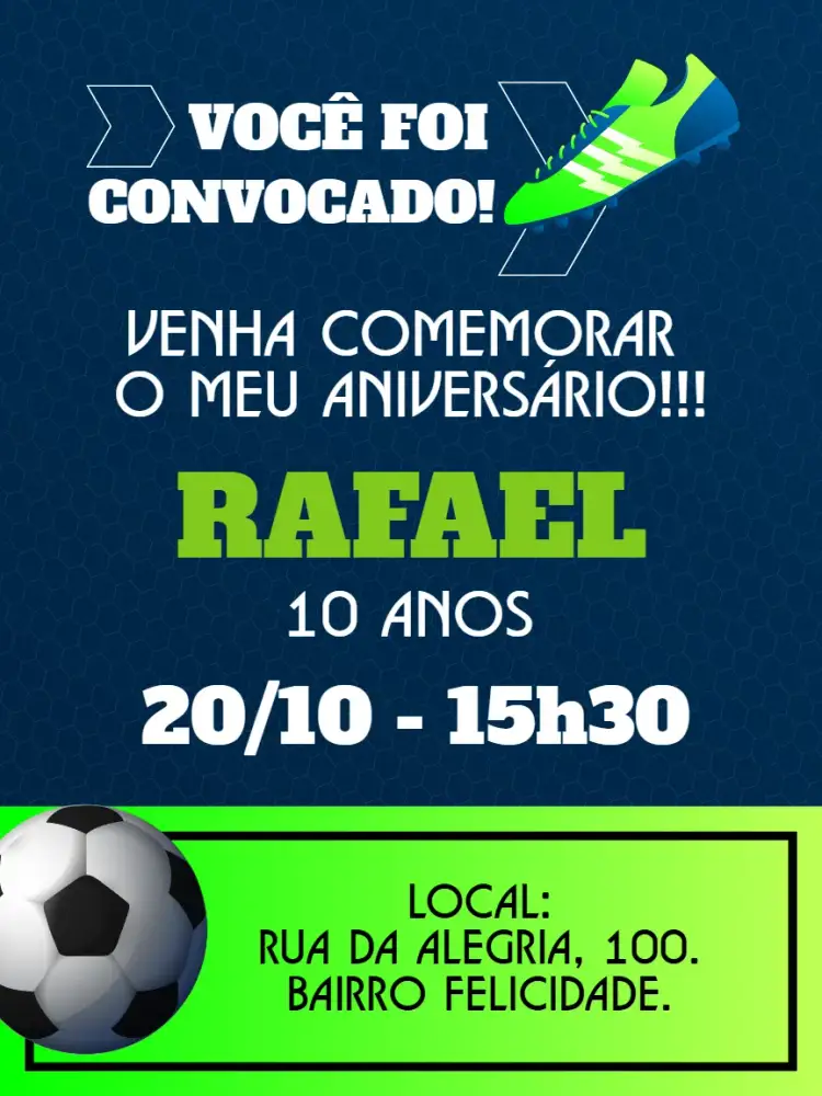 Invitación Convite digital Futebol – tema Aniversário Infantil futebol, colorido, esportivo, divertido, moderno