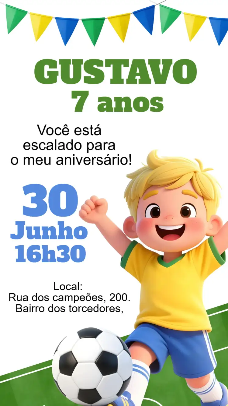 Convite Convite digital Futebol menino – tema Aniversário Infantil futebol, brasileiro, vibrante, temático, colorido, esportivo