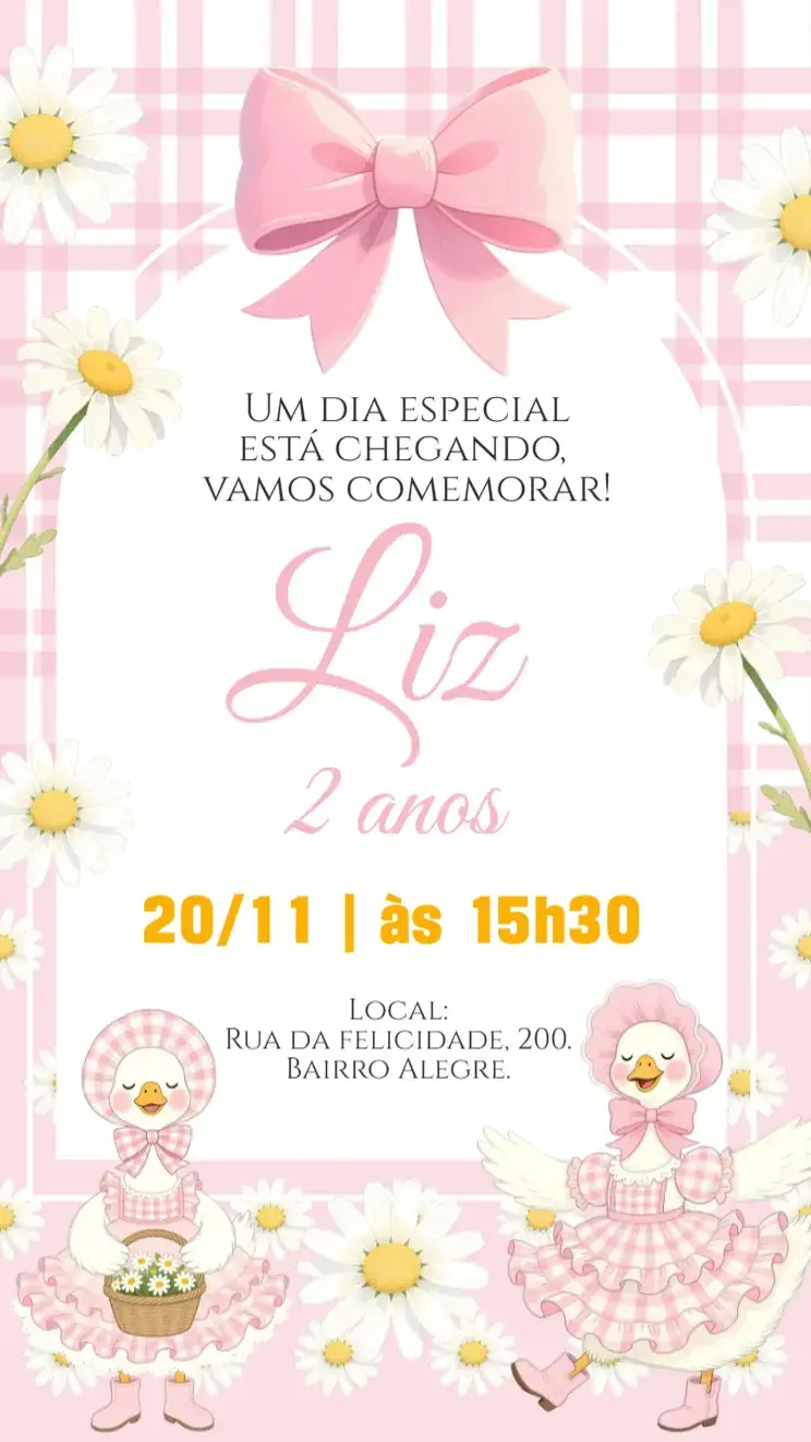 Invitación Convite digital Gansinha rosa aquarela – tema Aniversário Infantil floral, delicado, colorido, aquarela, infantil