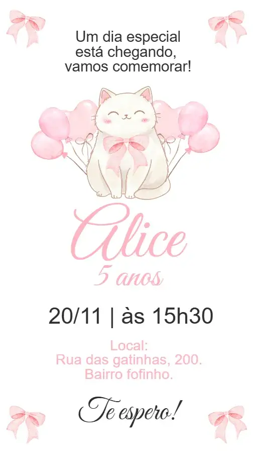 Invitación Convite digital gatinha fofinha rosa – tema Aniversário Infantil rosa, kawaii, divertido, infantil, fofinho