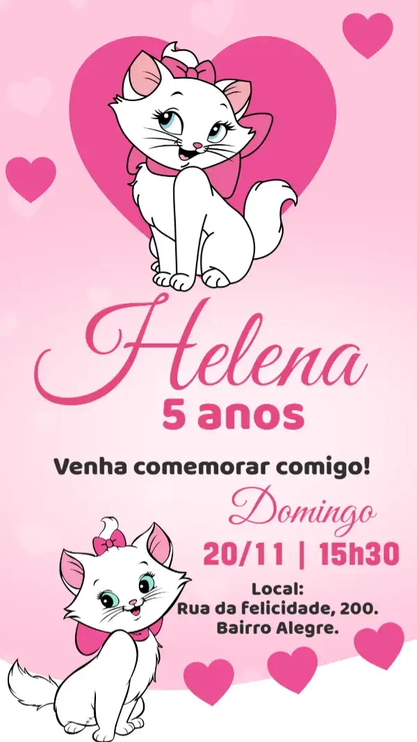 Invitación Convite digital Gatinha Marie – tema Aniversário Infantil lúdico, colorido, divertido, suave, infantil, temático