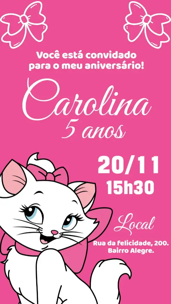 Invitación Convite digital gatinha marie rosa – tema Aniversário Infantil rosa, lúdico, feminino, divertido, colorido