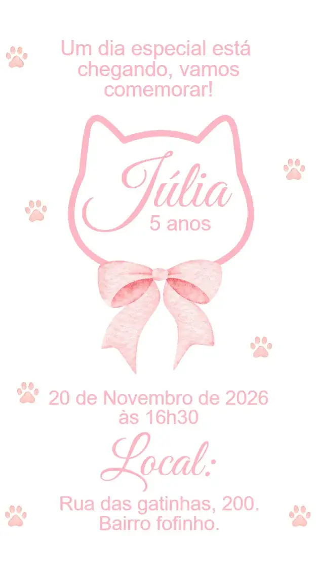 Invitación Convite digital Gatinha rosa patinhas – tema Aniversário Infantil rosa, delicado, fofinho, aquarela, animais, infantil