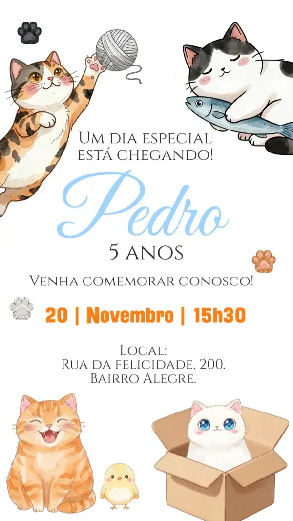 Convite Convite digital Gatinhos – tema Aniversário Infantil kawaii, colorido, divertido, fofo, jovial