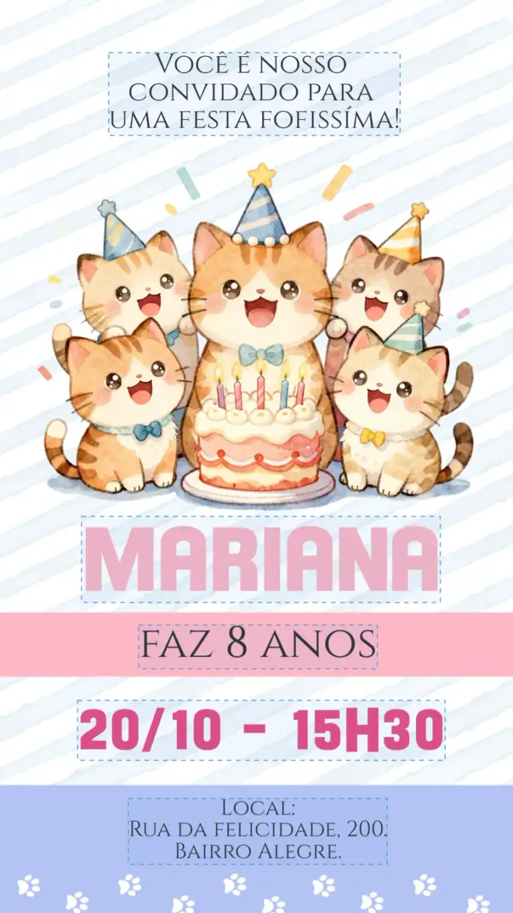 Invitación Convite digital Gatinhos gato rosa – tema Aniversário Infantil rosa, aquarela, delicado, fofo, infantil, animal