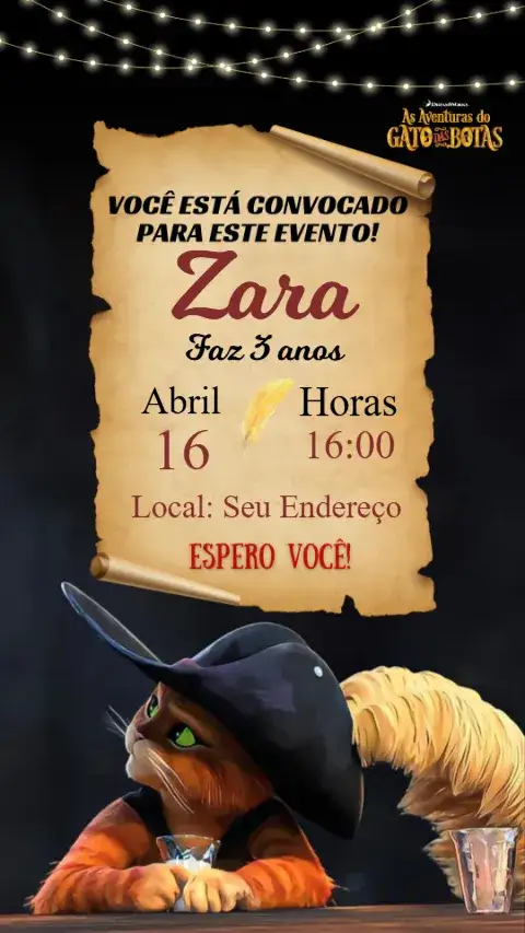 Convite Convite Digital Gato de Botas – tema Aniversário Infantil colorido, fantasia, divertido, ilustrações infantis, moderno, lúdico