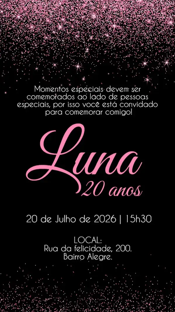 Convite Convite digital glitter rosa – tema Aniversário glitter, rosa, moderno, feminino, brilhante, elegante