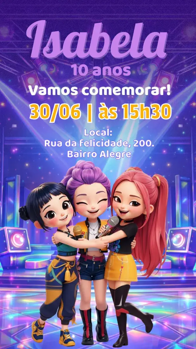 Invitación Convite Digital Guerreiras do K-Pop – tema Aniversário Infantil colorido, musical, moderno, divertido, jovem, vibrante