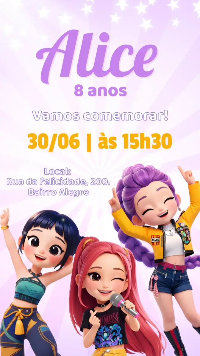 Invitación Convite digital Guerreiras do K-Pop – tema Aniversário Infantil cores vibrantes, ilustrações de personagens, estilo moderno, elementos gráficos divertidos, inspirado na cultura pop