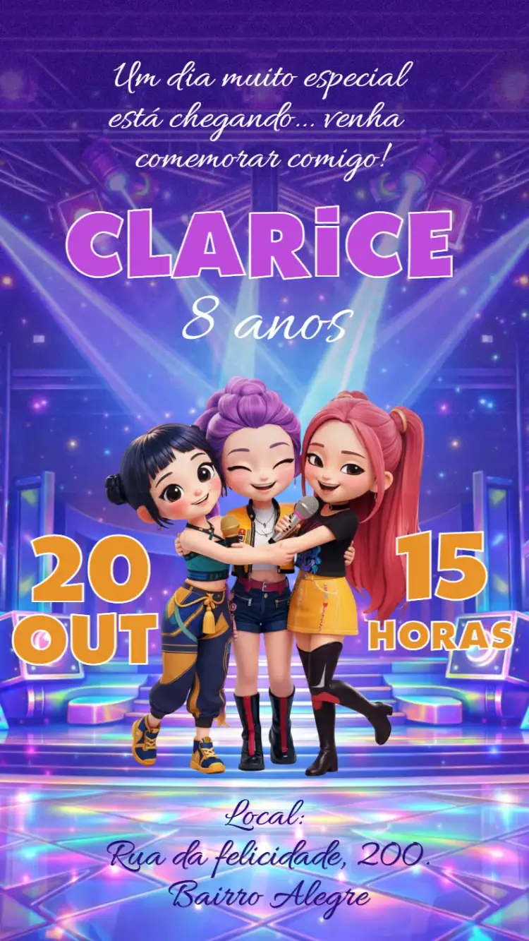 Invitation Convite digital Guerreiras do K-Pop – Aniversário Infantil theme colorido, moderno, divertido, musical, jovial