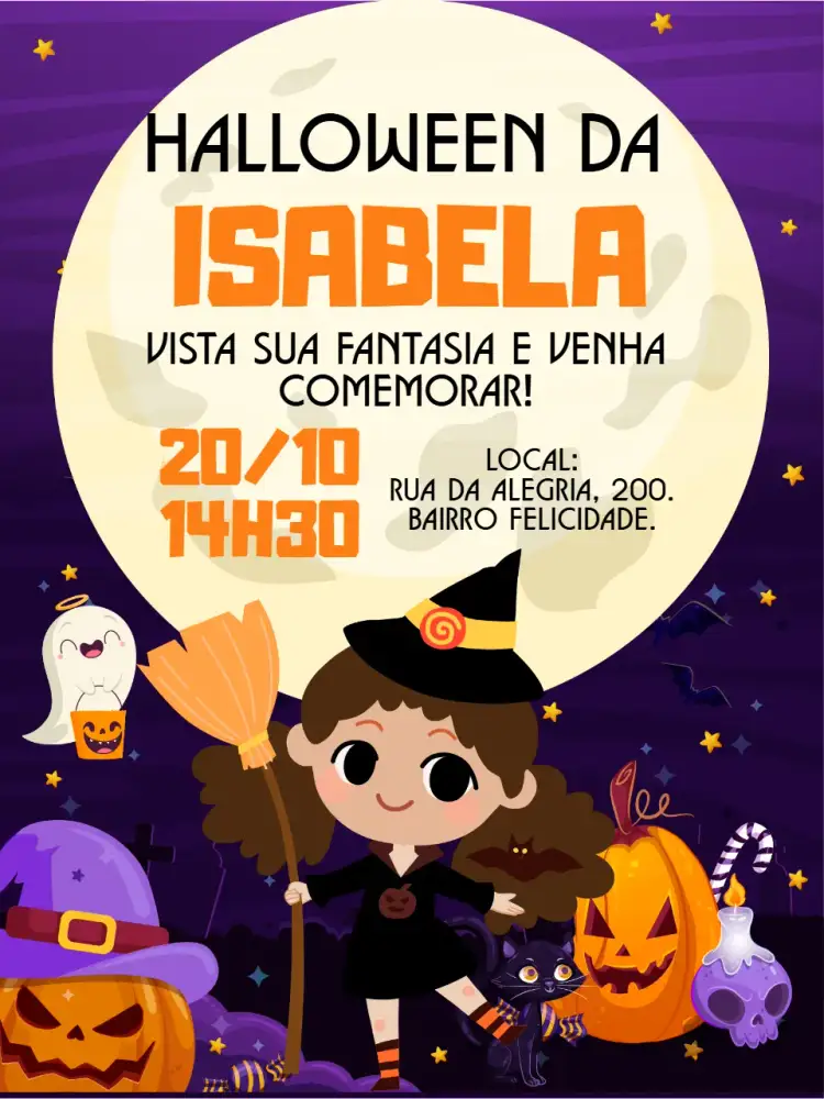 Convite Convite digital Halloween – tema Aniversário Infantil bruxinhas, abóboras, noite de Halloween, cores vibrantes, temática de festa infantil, elementos gráficos divertidos
