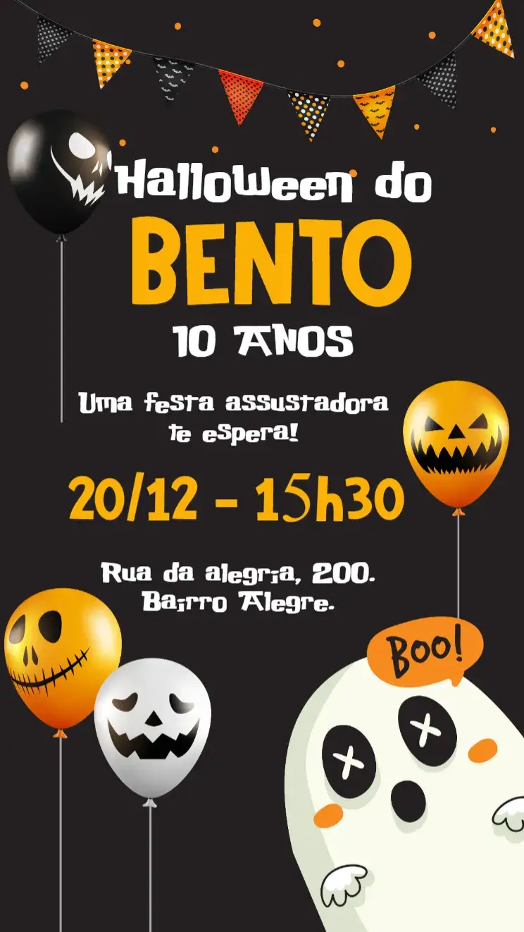Invitation Convite digital Halloween Fantasma – Aniversário Infantil theme temática de Halloween, cores vibrantes, elementos gráficos de fantasia, estilo divertido, visual lúdico, design moderno