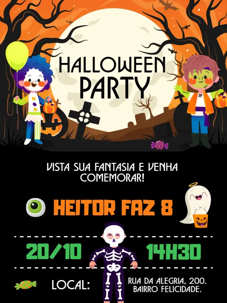 Convite Convite digital Halloween Party dia das bruxas – tema Aniversário Infantil Halloween, divertido, colorido, infantil, temático, neutro