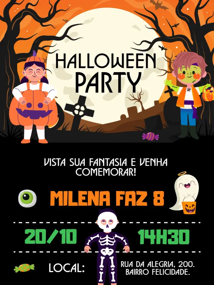 Convite Convite digital Halloween party menina – tema Aniversário Infantil cores vibrantes, elementos gráficos de Halloween, estilo lúdico, ilustrações divertidas, design temático, atmosfera mágica