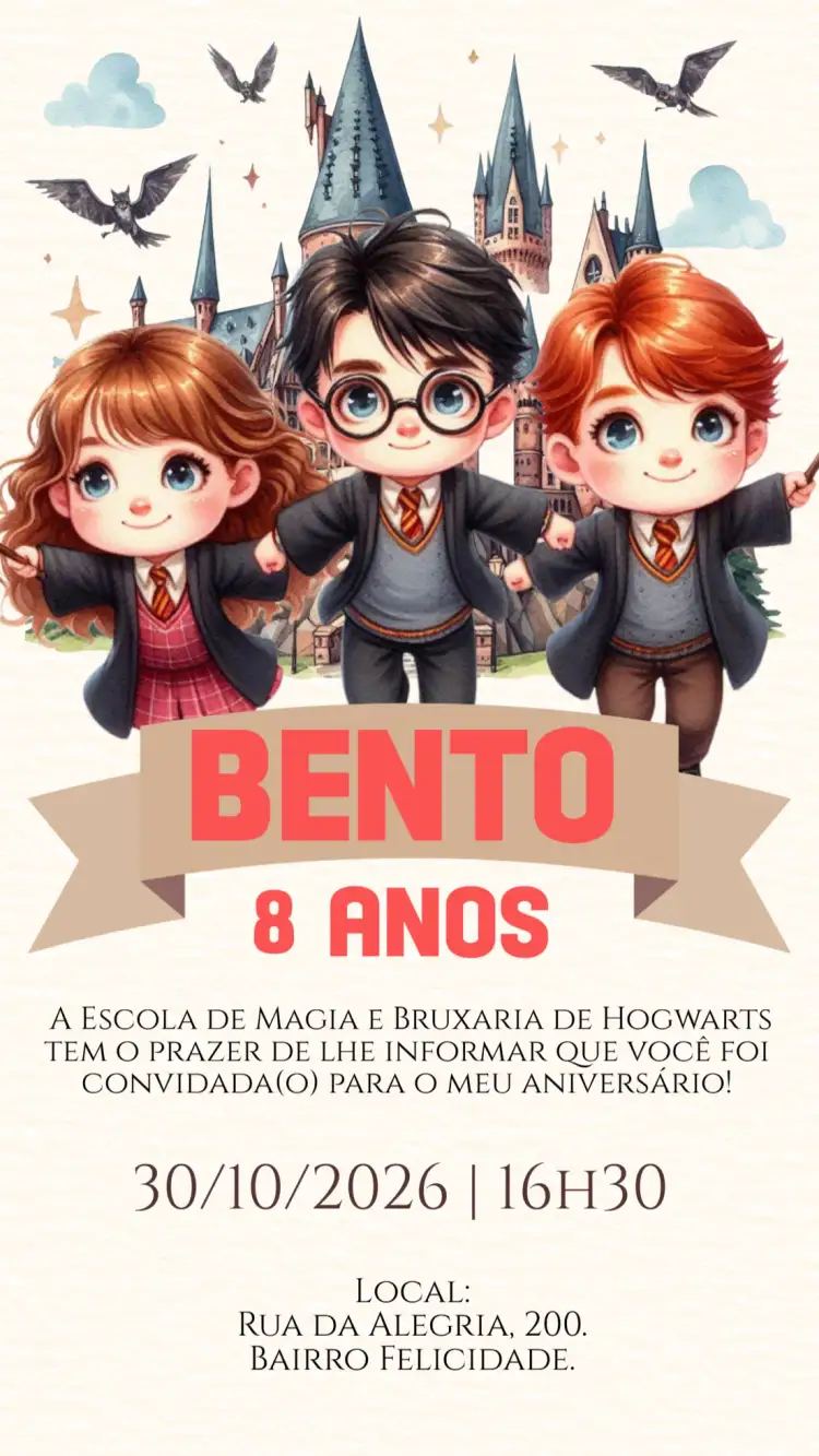 Convite Convite digital Harry Potter – tema Aniversário Infantil mágico, bruxo, fantasia, colorido, ilustrativo