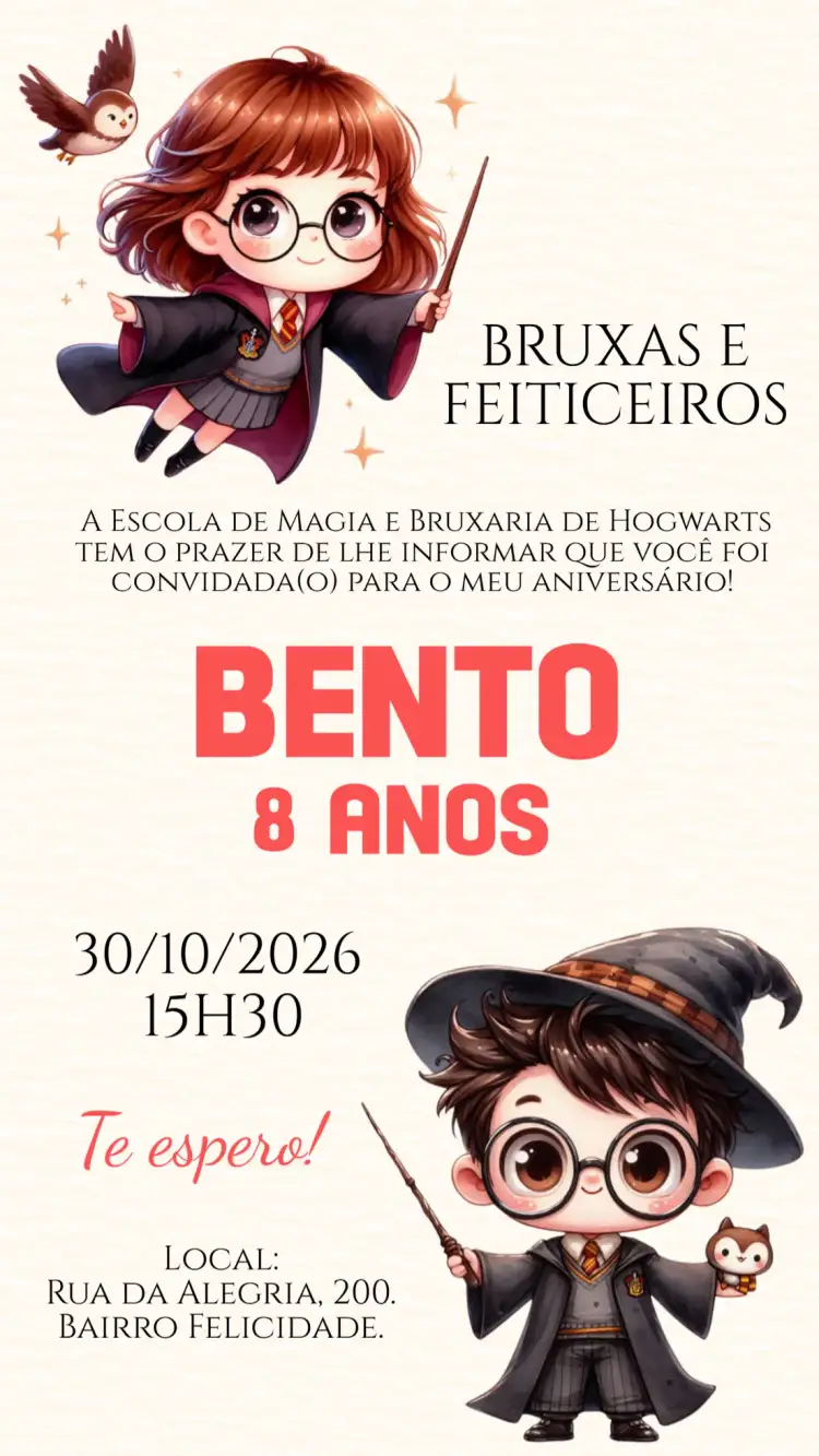 Convite Convite digital Harry Potter e Hermione – tema Aniversário Infantil mágico, fantasia, cores vibrantes, ilustrações lúdicas, estilo divertido, elementos da saga