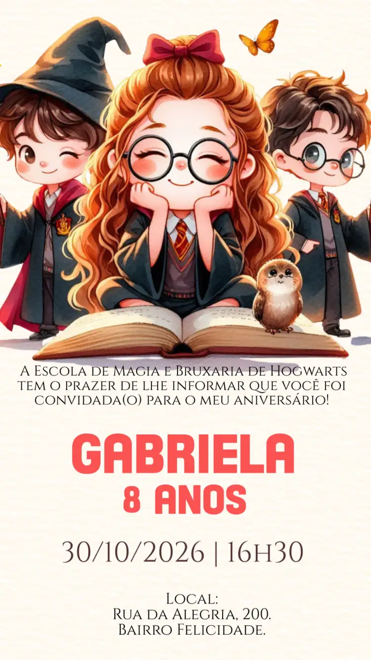 Convite Convite digital Harry Potter Hermione – tema Aniversário Infantil mágico, fantasia, vibrante, jovial, colorido