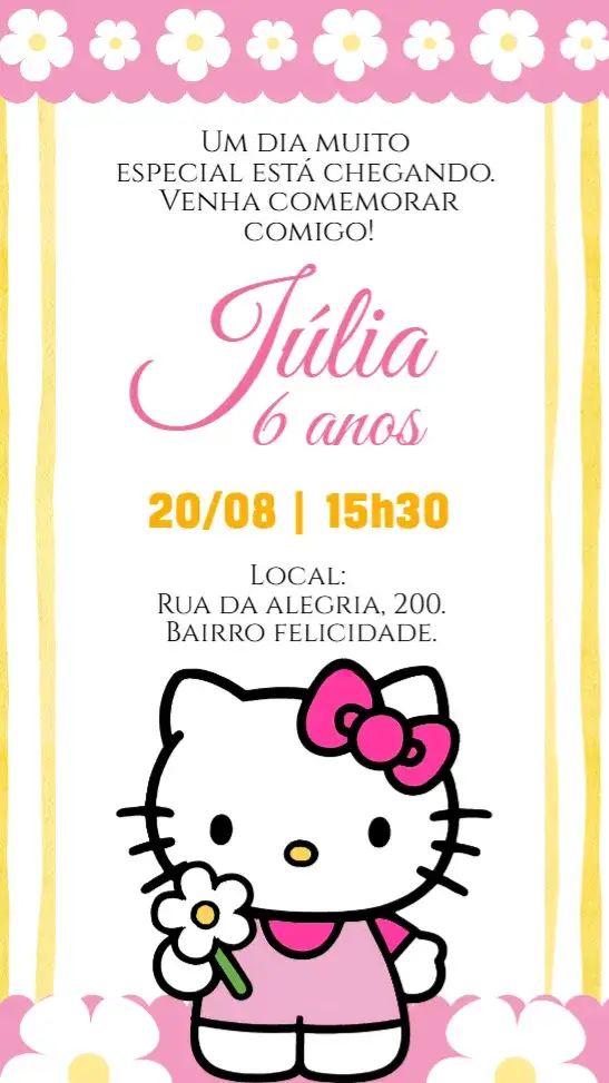 Invitación Invitación digital Hello Kitty – tema Cumpleaños Infantil rosa, floral, infantil, colorido, divertido, temático