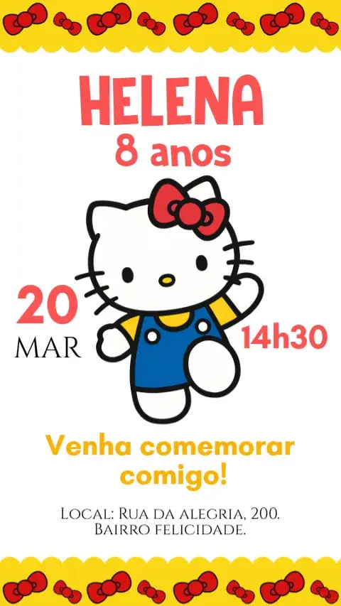 Invitación Invitación digital de Hello Kitty – tema Cumpleaños Infantil colores pasteles, estilo kawaii, elementos gráficos divertidos, femenino, diseño moderno, temática de caricaturas