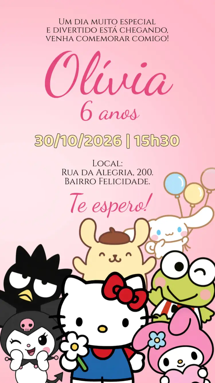 Convite Convite digital Hello Kitty – tema Aniversário Infantil colorido, divertido, infantil, temático, fofo