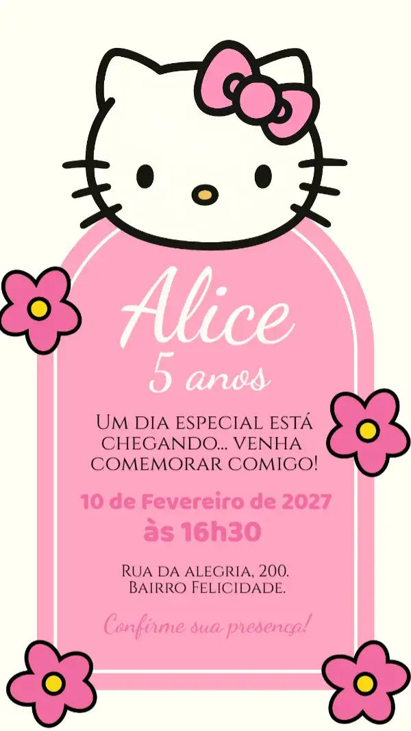 Invitación Convite digital Hello Kitty – tema Aniversário Infantil rosa, divertido, infantil, colorido, temático