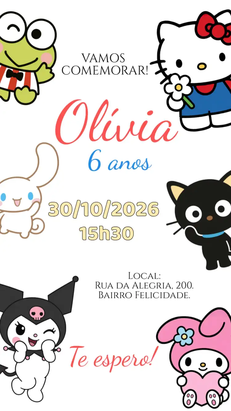 Convite Convite digital Hello Kitty e sua turma – tema Aniversário Infantil colorido, infantil, divertido, alegre, moderno, temático