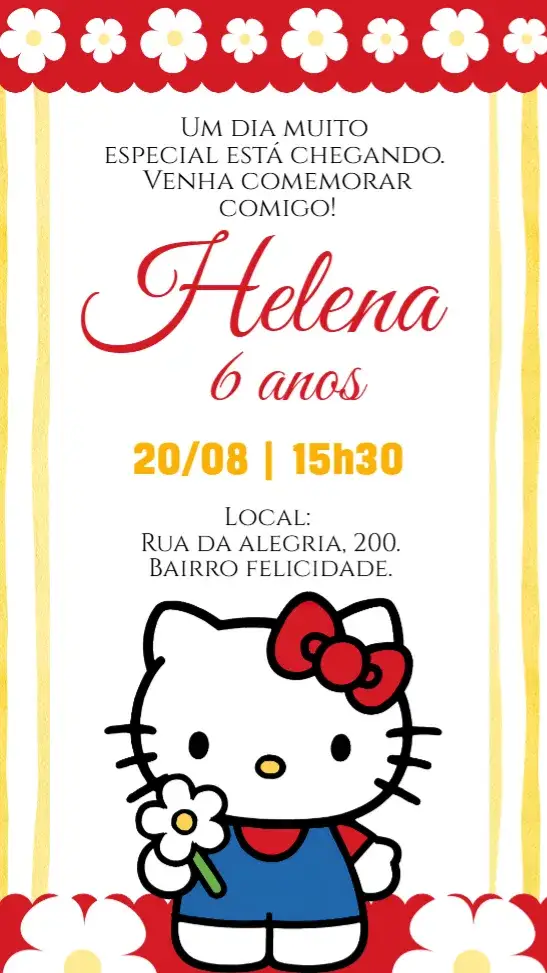 Convite Convite digital Hello Kitty Vermelha – tema Aniversário Infantil vermelho, floral, divertido, colorido, infantil, feminino