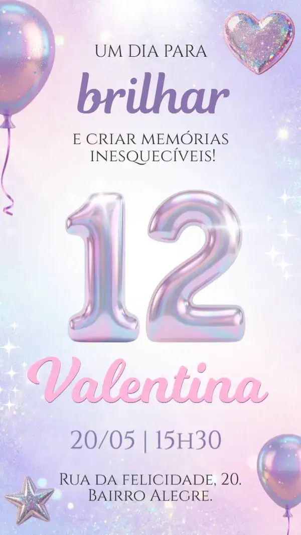 Convite digital holográfico glitter rosa brilho festa 12 anos