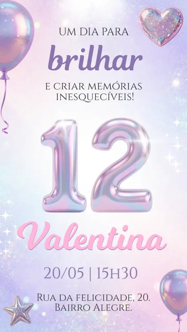 Invitación Convite digital holográfico glitter rosa brilho festa 12 anos – tema Aniversário Infantil glitter, rosa, brilho, moderno, festivo