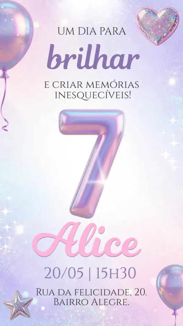 Invitación Convite digital holográfico glitter rosa brilho festa 7 anos – tema Aniversário Infantil holográfico, rosa, brilho, divertido, infantil, moderno