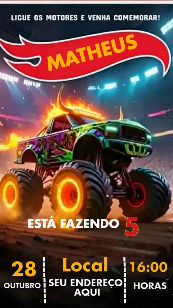 Invitación Convite Digital Hot Wheels para Aniversário Infantil – tema Aniversário Infantil cores vibrantes, elementos gráficos de carros, estilo moderno, pistas de corrida, design divertido, temática de velocidade
