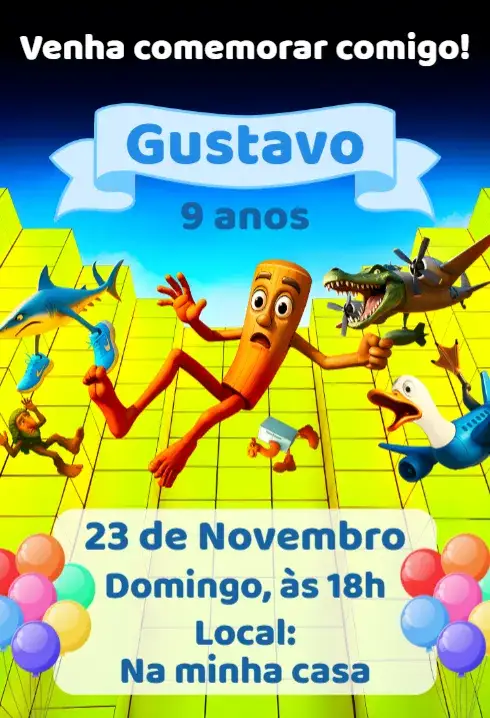 Convite Convite digital italian brainrot – tema Aniversário moderno, colorido, divertido, aesthetic, temático