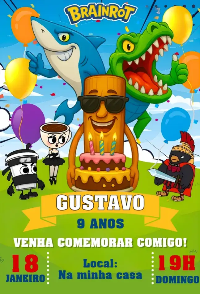 Convite Convite Digital Italian Brainrot – tema Aniversário colorido, moderno, engraçado, aesthetic, divertido