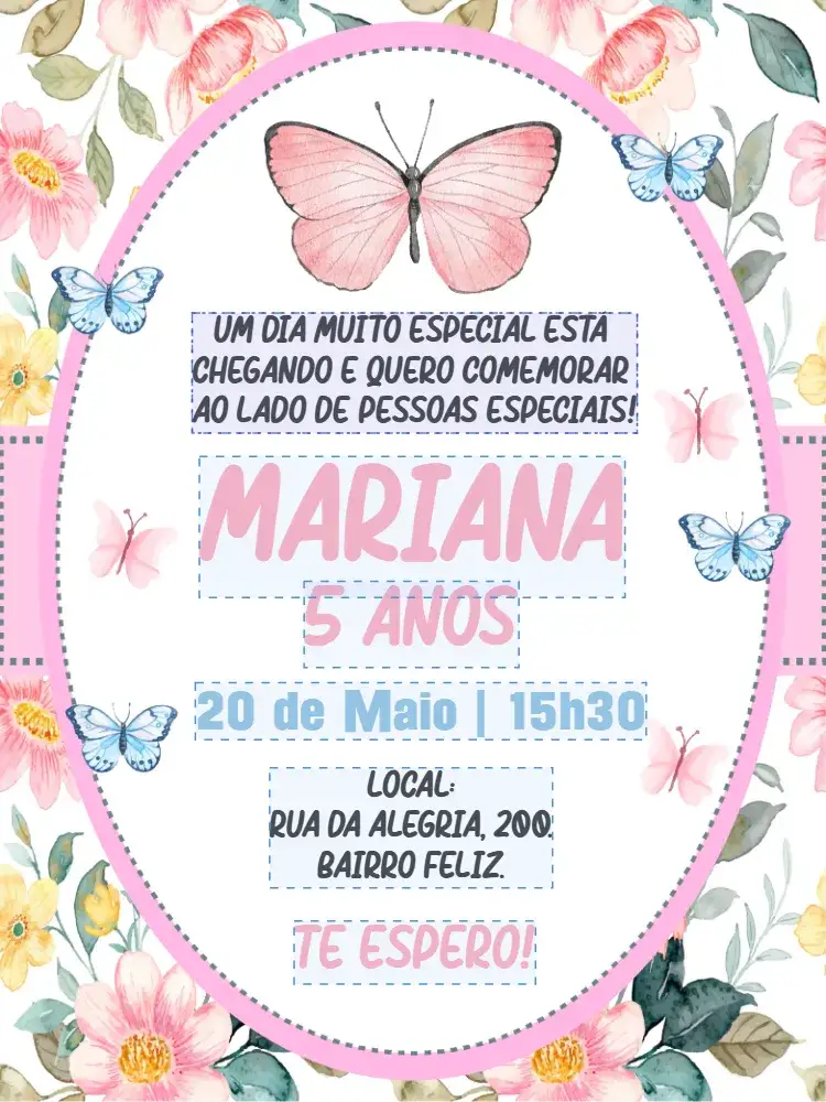Invitación Convite digital Jardim de borboletas – tema Aniversário Infantil floral, delicado, colorido, natureza, alegre, infantil