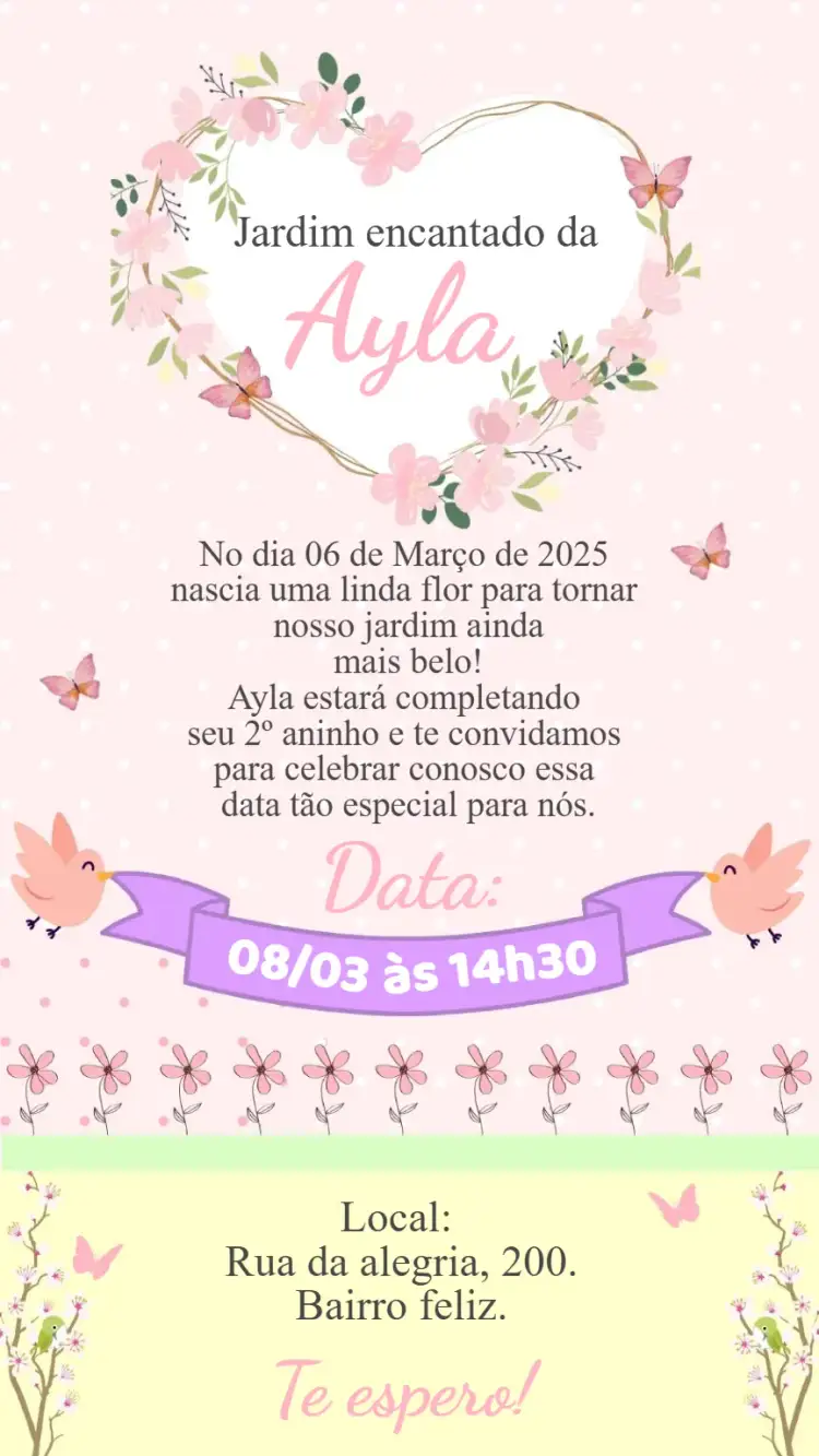 Invitación Convite digital Jardim Encantado – tema Aniversário Infantil floral, colorido, mágico, infantil, alegre, romântico