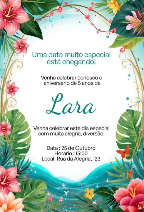 Convite Convite Digital Jardim Tropical Azul Editável – tema Aniversário Infantil tropical, floral, colorido, vibrante, infantil, divertido