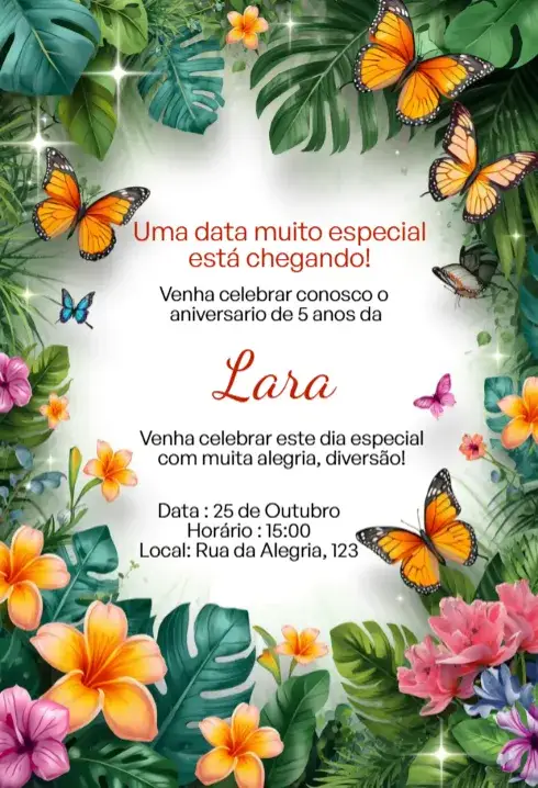Convite Convite Digital Jardim Tropical com Borboletas Editável – tema Aniversário Infantil tropical, floral, colorido, alegre, natural, divertido