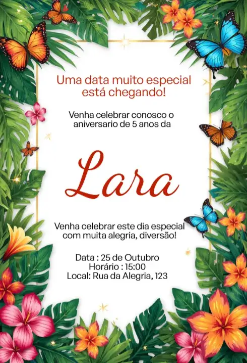Convite Convite Digital Jardim Tropical Luxo Editável – tema Aniversário Infantil tropical, floral, colorido, alegre, moderno