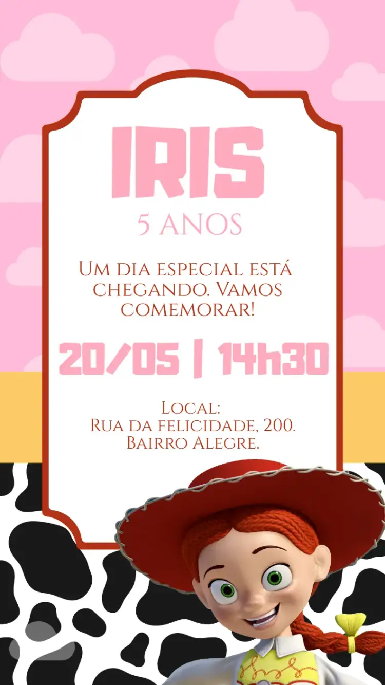 Convite Convite digital Jessie Toy Story – tema Aniversário Infantil rosa, aquarela, divertido, infantil, lúdico
