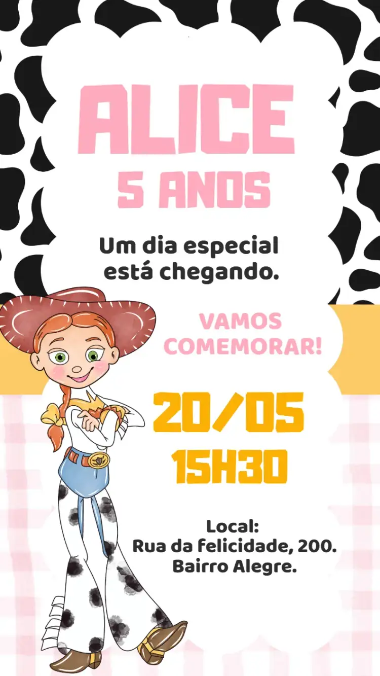 Convite Convite digital Jessie Toy Story – tema Aniversário Infantil aquarela, colorido, infantil, temático, divertido, lúdico