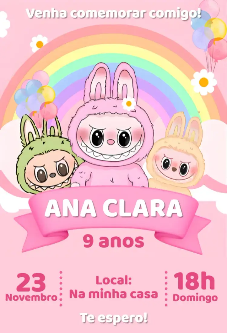 Convite Convite digital labubu – tema Aniversário kawaii, colorido, moderno, fofo, divertido